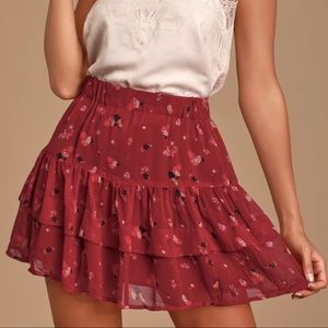Free People From the Valley Wine Red Floral Print Ruffle Mini Skirt